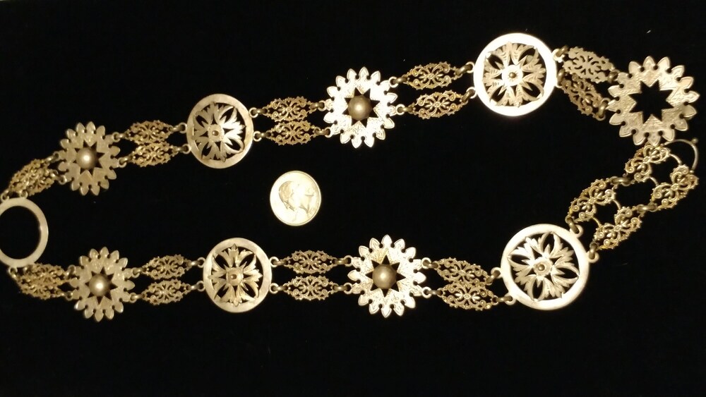 Victorian English Sterling Engraved Chain Belt Necklace Regal Fleur-de-lis Cross